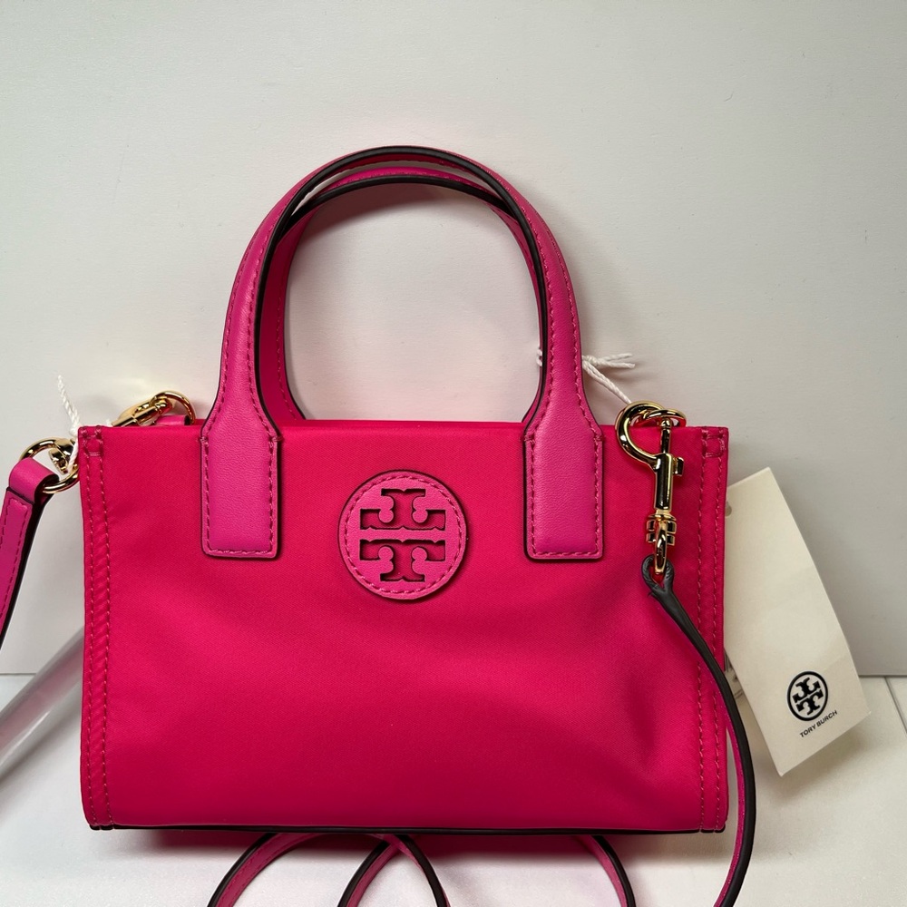 Tory Burch Ella Nylon Mini Tote Bag Crossbody Bright Pink Gold NWT